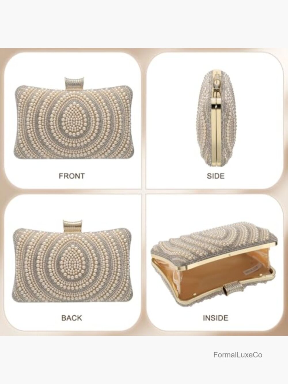 Pearl Sequined Evening Clutch with Rhinestone Accent Detachable Shoulder Strap - Picture 7 of 7